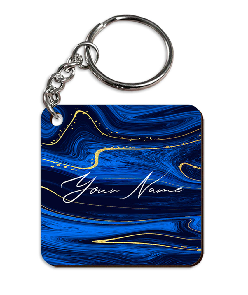 Your Name Golden Blue Liquid Marble Artpiece Customised Square Key Chains