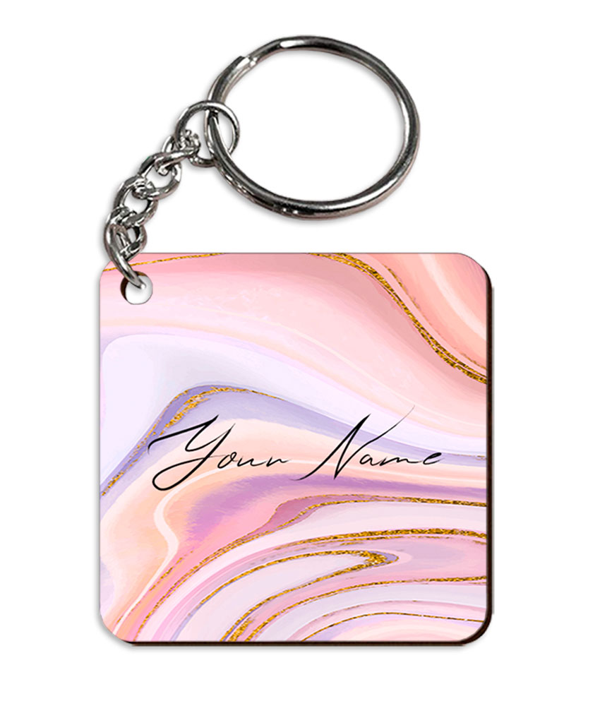 Your Name Pink Purple Liquid Marble Illustration Customised Square Key Chains