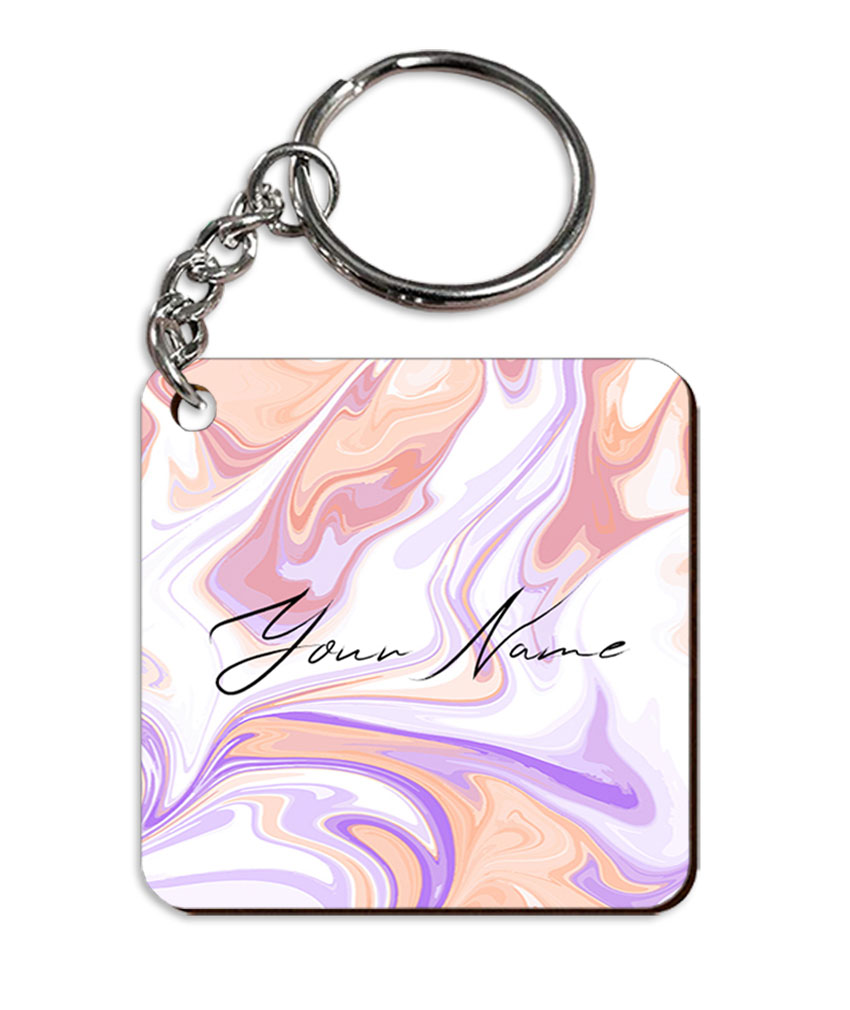 Your Name Peach Purple Liquid Marble Artwork Customised Square Key Chains