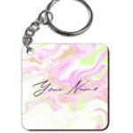 Your Name Green Pink Liquid Marble Artwork Customised Square Key Chains