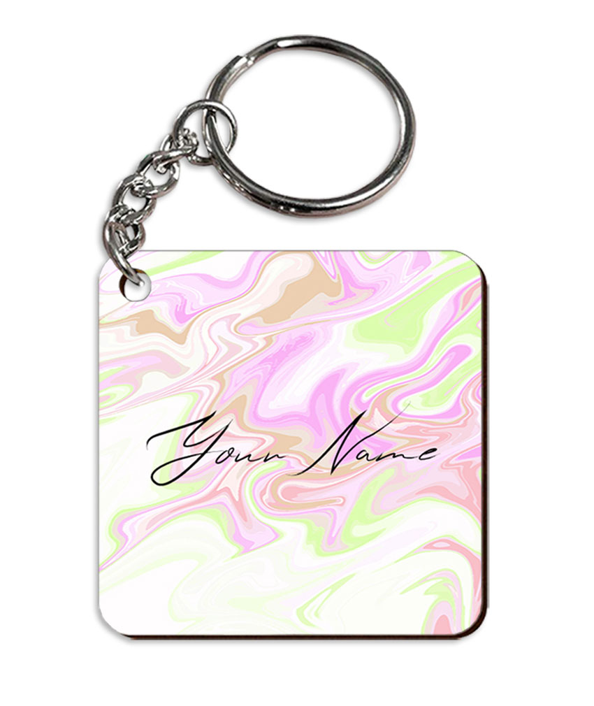Your Name Green Pink Liquid Marble Artwork Customised Square Key Chains