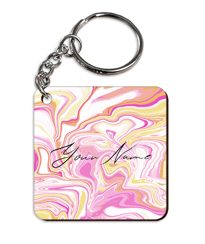 Your Name Gold Magenta Liquid Marble Illustration Customised Square Key Chains