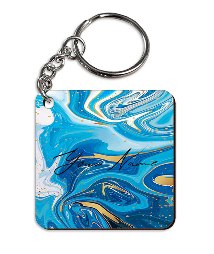 Your Name Blue Gold Liquid Marble Artpiece Customised Square Key Chains