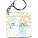 Your Name Yellow Blue Liquid Marble Artwork Customised Square Key Chains