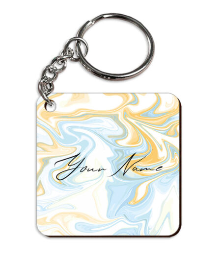 Your Name Yellow Blue Liquid Marble Artwork Customised Square Key Chains