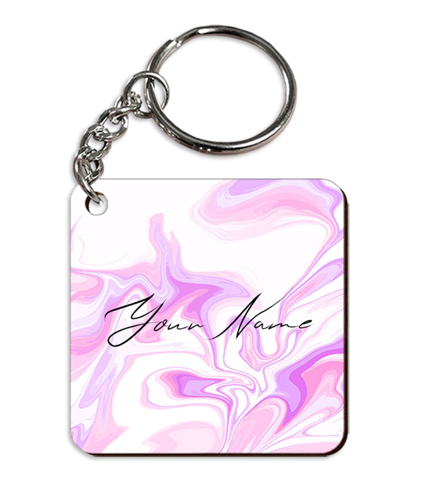 Your Name Voilet Pink Liquid Marble Artwork Customised Square Key Chains
