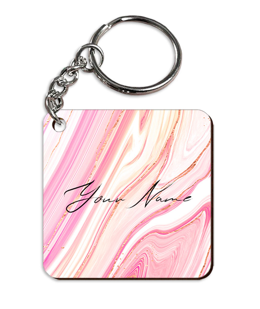 Your Name Pearl White Pink Liquid Marble Illustration Customised Square Key Chains