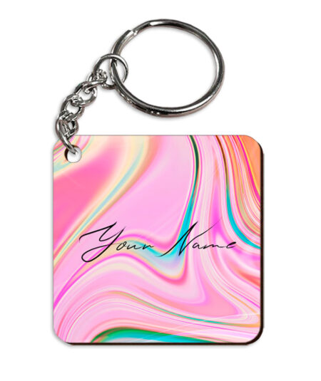 Your Name Cyan Blue Pink Paintmix Design Customised Square Key Chains