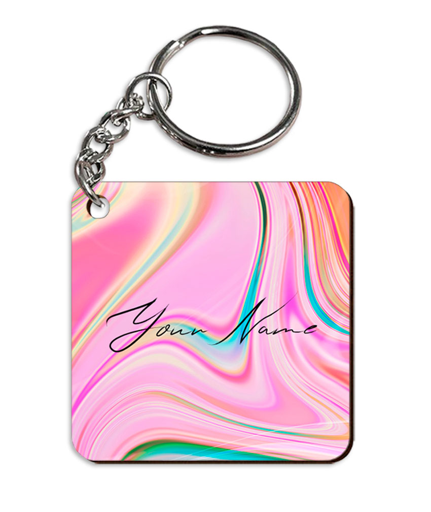 Your Name Cyan Blue Pink Paintmix Design Customised Square Key Chains