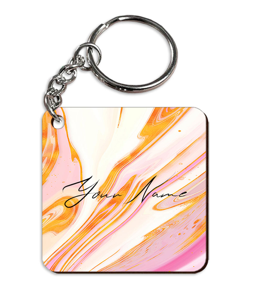 Your Name Golden Pink Liquid Marble Illustration Customised Square Key Chains