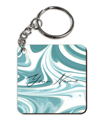 Your Name White Blue Liquid Marble Artwork Customised Square Key Chains