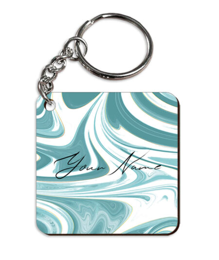 Your Name White Blue Liquid Marble Artwork Customised Square Key Chains