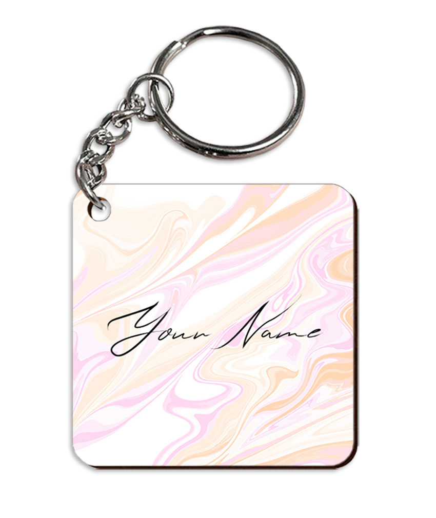 Your Name Peach Pink Liquid Marble Artwork Customised Square Key Chains