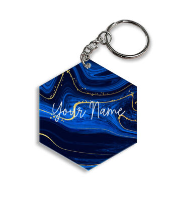 Your Name Golden Blue Liquid Marble Artpiece Customised Hexagon Key Chains