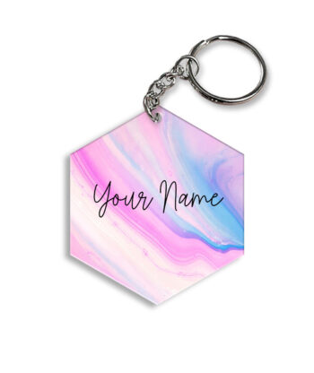 Your Name Pink Blue Liquid Marble Illustration Customised Hexagon Key Chains