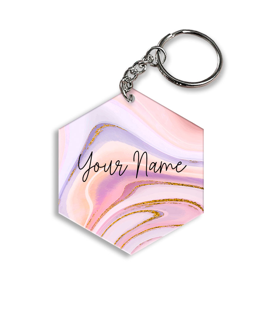 Your Name Pink Purple Liquid Marble Illustration Customised Hexagon Key Chains