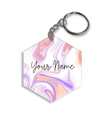 Your Name Peach Purple Liquid Marble Artwork Customised Hexagon Key Chains
