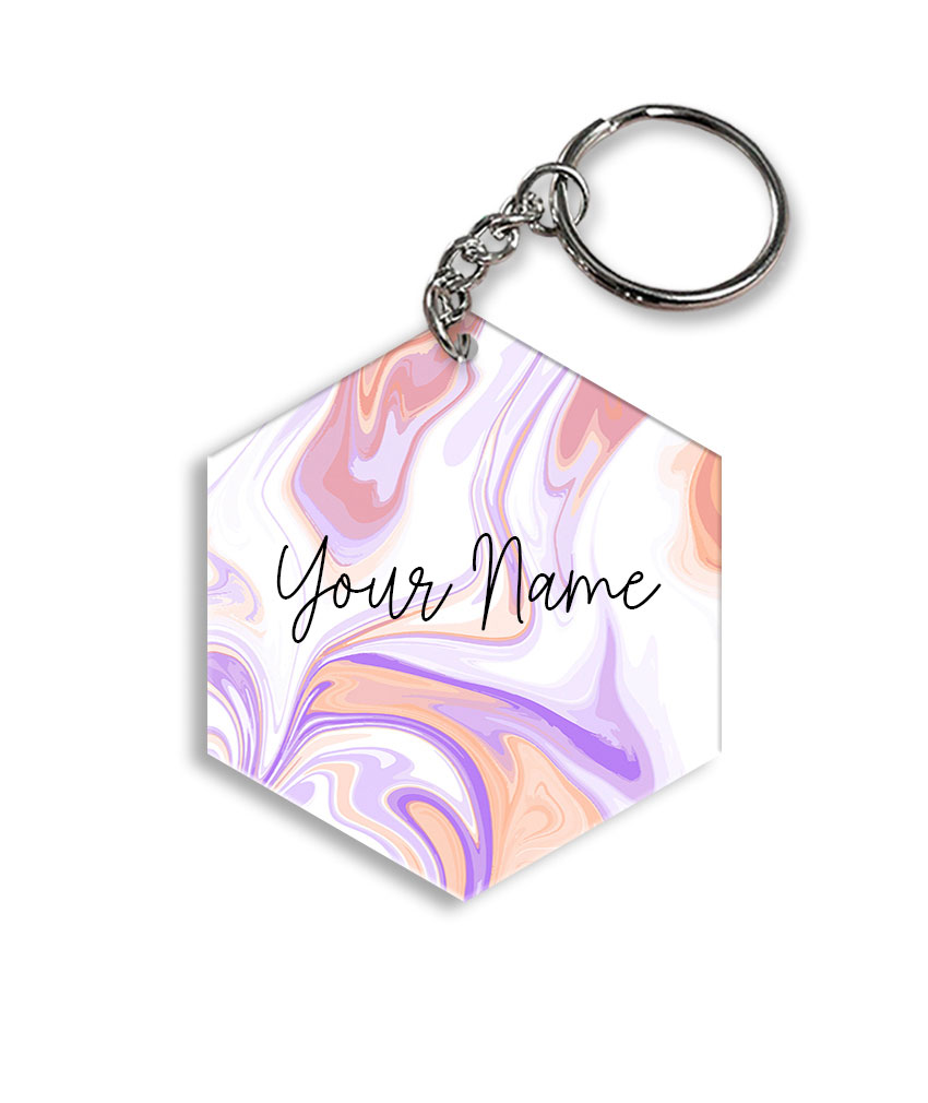 Your Name Peach Purple Liquid Marble Artwork Customised Hexagon Key Chains