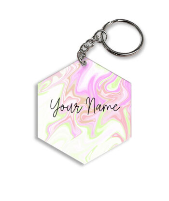 Your Name Green Pink Liquid Marble Artwork Customised Hexagon Key Chains