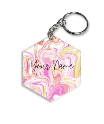 Your Name Gold Magenta Liquid Marble Illustration Customised Hexagon Key Chains