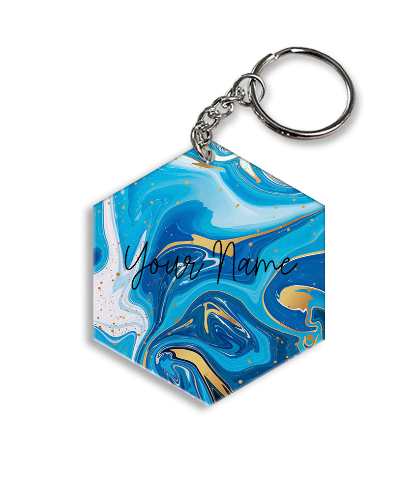 Your Name Blue Gold Liquid Marble Artpiece Customised Hexagon Key Chains