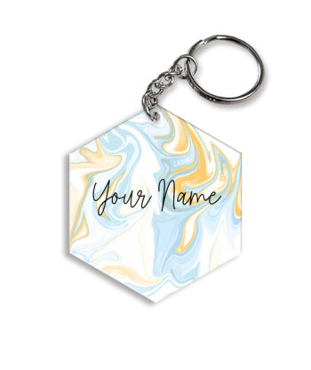 Your Name Yellow Blue Liquid Marble Artwork Customised Hexagon Key Chains