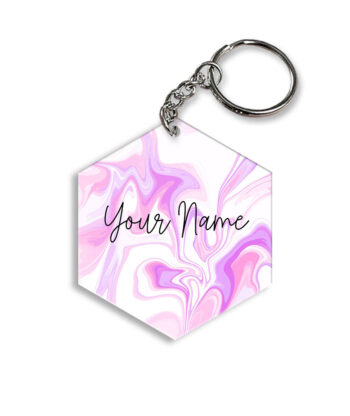 Your Name Voilet Pink Liquid Marble Artwork Customised Hexagon Key Chains