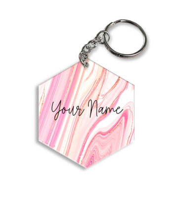 Your Name Pearl White Pink Liquid Marble Illustration Customised Hexagon Key Chains