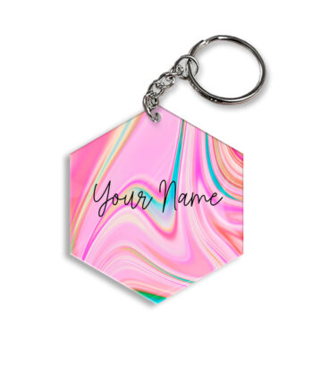 Your Name Cyan Blue Pink Paintmix Design Customised Hexagon Key Chains