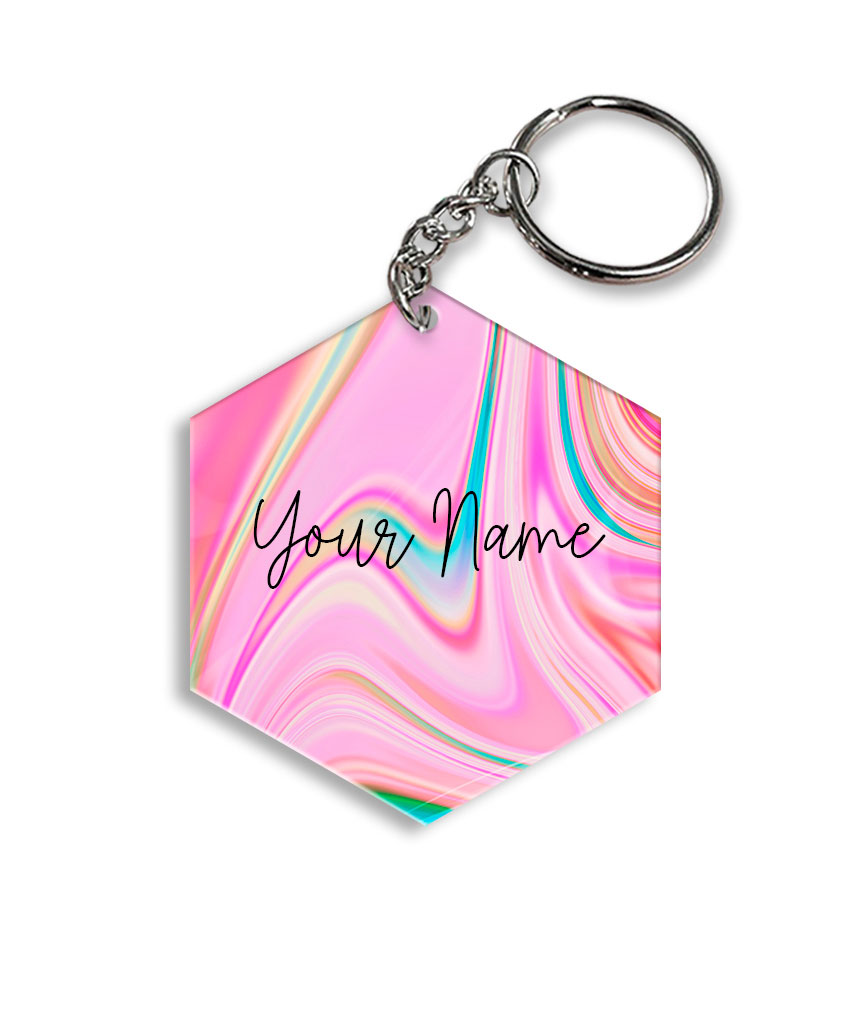 Your Name Cyan Blue Pink Paintmix Design Customised Hexagon Key Chains