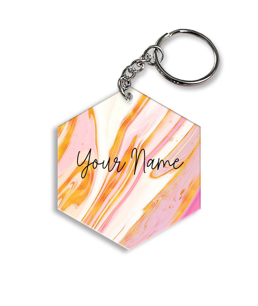 Your Name Golden Pink Liquid Marble Illustration Customised Hexagon Key Chains