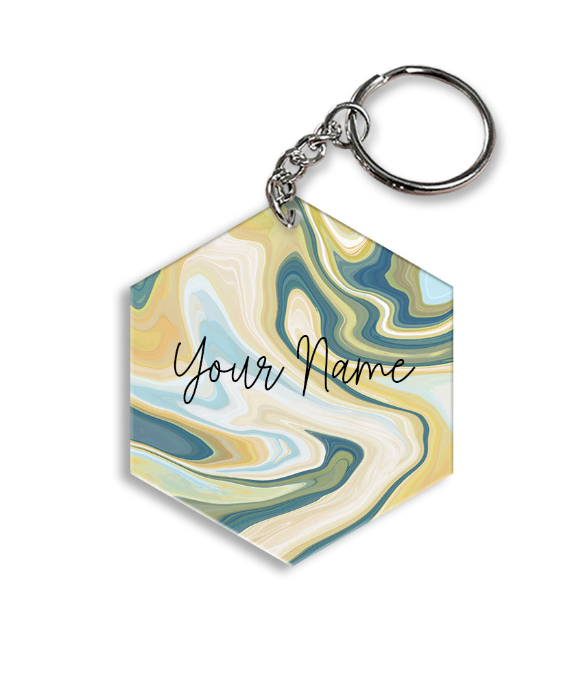 Your Name Gold Olive Green Paintmix Design Customised Hexagon Key Chains