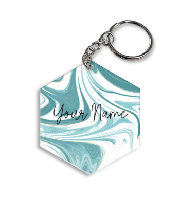 Your Name White Blue Liquid Marble Artwork Customised Hexagon Key Chains
