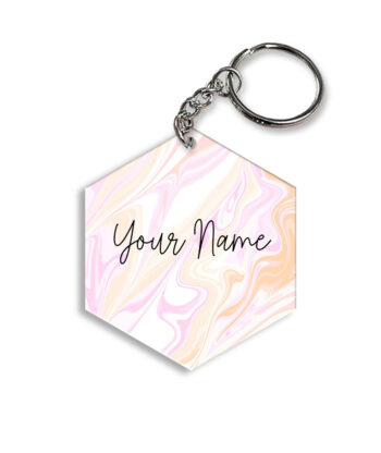 Your Name Peach Pink Liquid Marble Artwork Customised Hexagon Key Chains