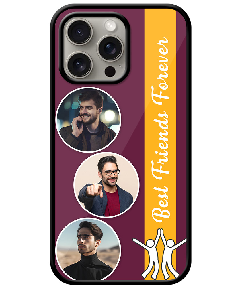 Best Friends Forever Message With 3 Photos Burgundy Background Customised Glossy Metal TPU Mobile Cover