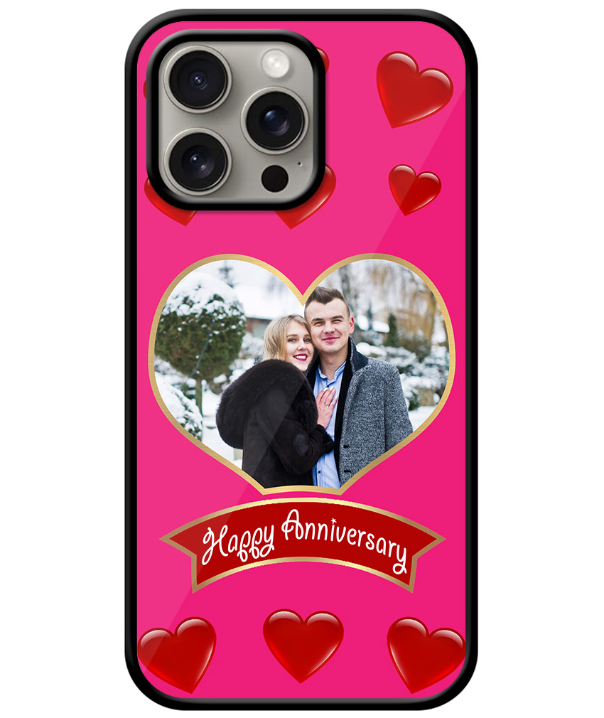 Happy Anniversary Red Heart Pattern With Fuscia Pink Background Customised Glossy Metal TPU Mobile Cover