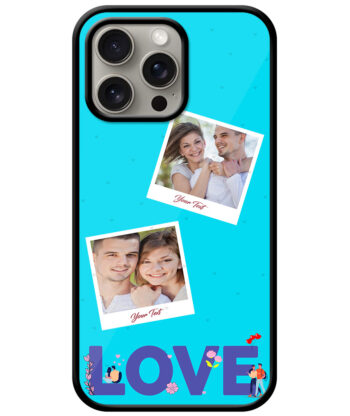 Love Icon With 2 Photos Blue Background Customised Glossy Metal TPU Mobile Cover