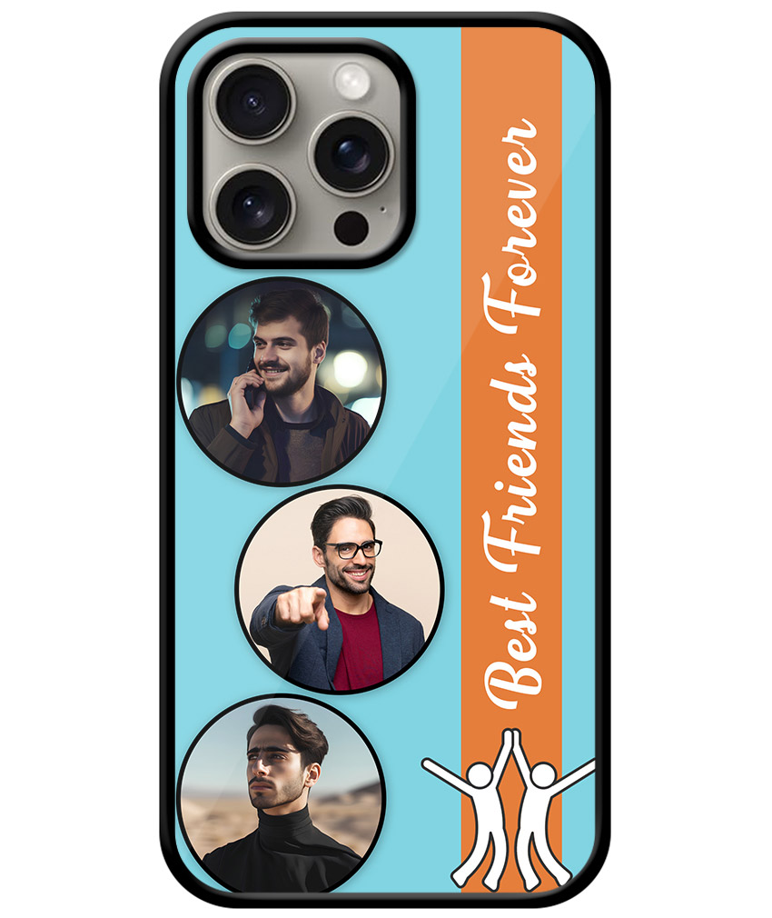 Best Friends Forever Message With 3 Photos Sky Blue Background Customised Glossy Metal TPU Mobile Cover