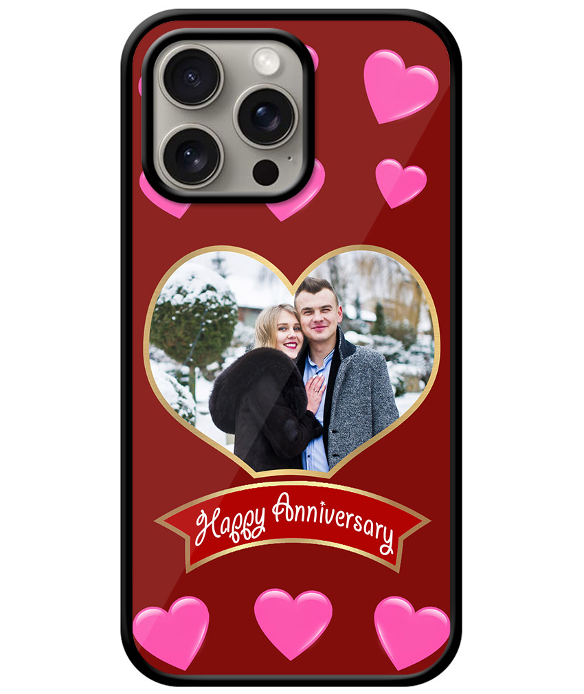 Happy Anniversary Pink Heart Pattern With Maroon Background Customised Glossy Metal TPU Mobile Cover