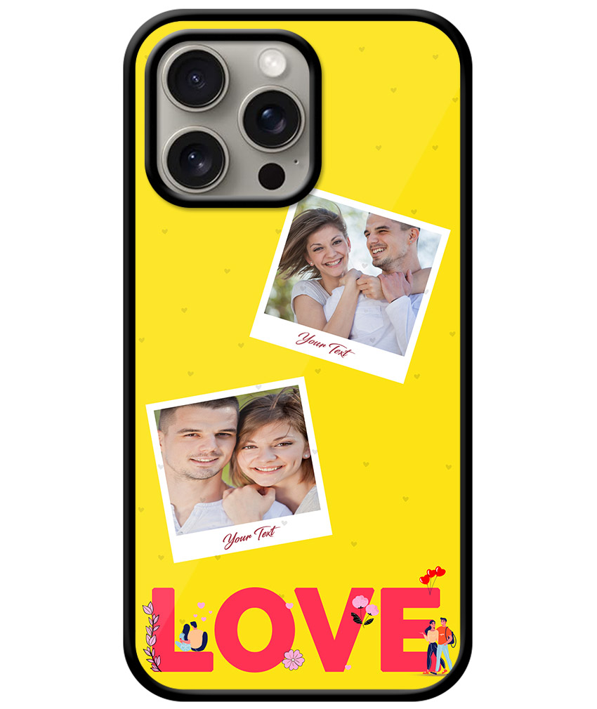 Love Icon With 2 Photos Yellow Background Customised Glossy Metal TPU Mobile Cover
