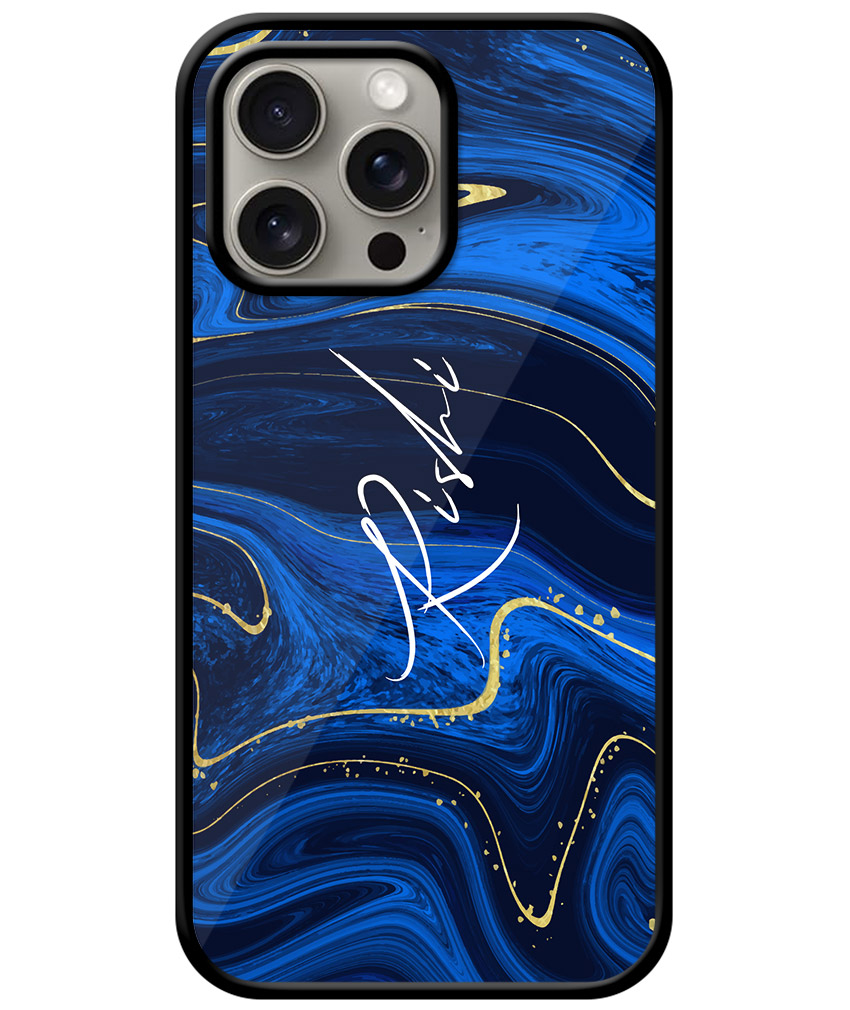 Your Name Golden Blue Liquid Marble Artwork Customised Glossy Metal TPU Mobile Cover
