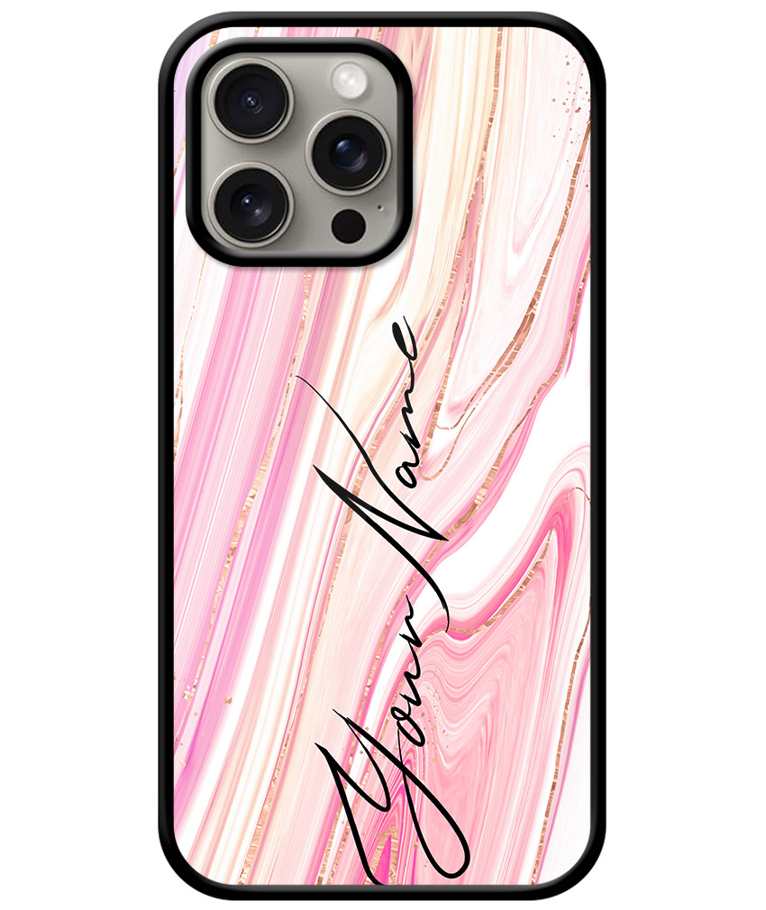 Your Name Pearl White Pink Liquid Marble Artwork Customised Glossy Metal TPU Mobile Cover